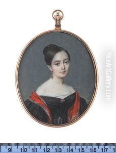 A Lady, Wearing Black Dress With Puff Sleeves And Matching Buckled Belt, Lace Trimmed Slip, Gold Brooch, Drop Earrings And Red Shawl
