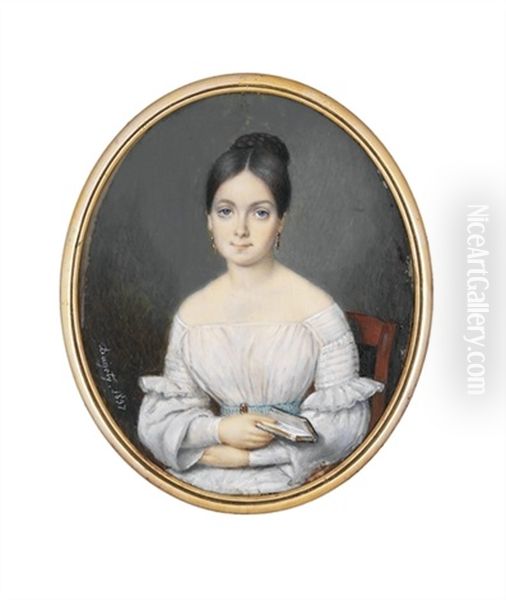 A Young Lady Seated In White Dress With Pleated And Frilled Sleeves - view 1