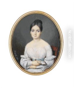 A Young Lady Seated In White Dress With Pleated And Frilled Sleeves by Pierre Edouard Gautier dagoty