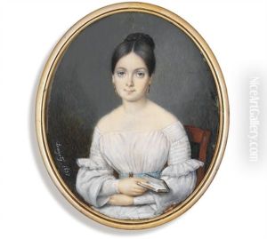 A Young Lady, Seated In White Dress With Pleated And Frilled Sleeves, Pale Blue Belt, Gold-drop Earrings... by Pierre Edouard Gautier dagoty