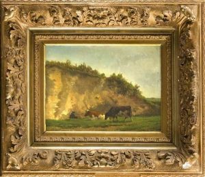Hirte Mit Zwei Kuhen In Einer Steinbruchlandschaft