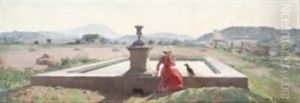 Portrait De Madame Gautier Et Son Chien Au Bord De La Fontaine by Louis Francois Leon Gautier