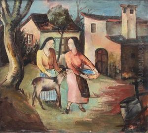 Two Women With Goat by Oskar Gawell