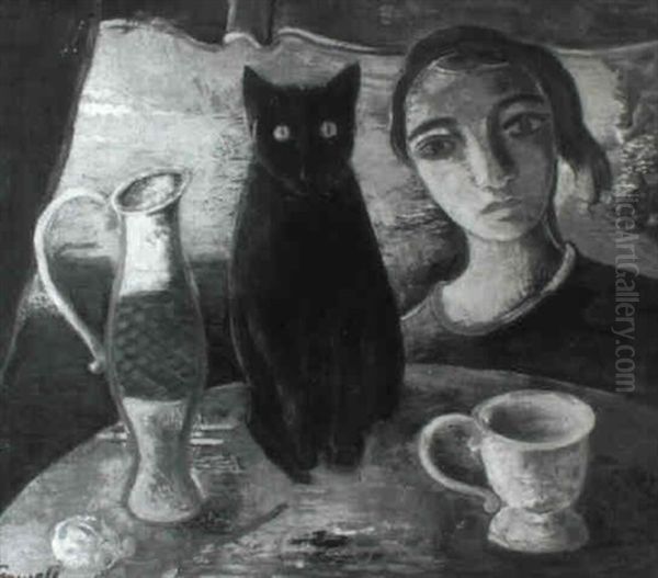 Madchen Mit Schwarzer Katze - view 1