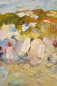 Figures Along The Coast With Hills In The Distance by August Gay