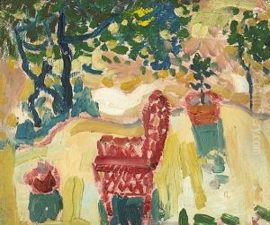 Garden Scene - Gile's Red Chair (+ Traveling Train Cars; Verso)