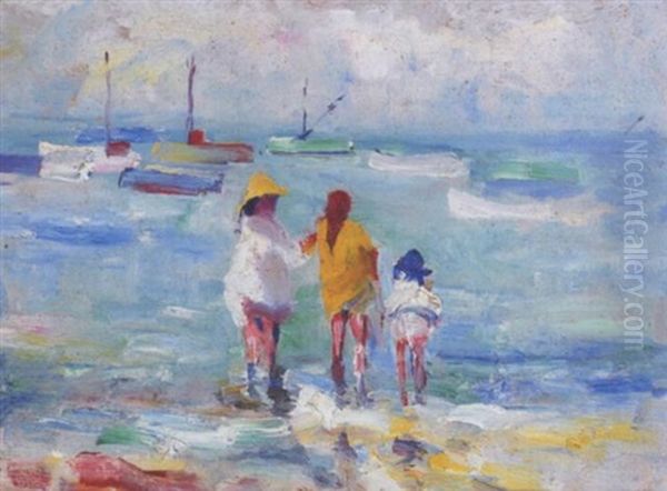 Figures Wading In The Surf With Boats In The Distance - view 1