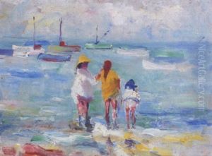 Figures Wading In The Surf With Boats In The Distance