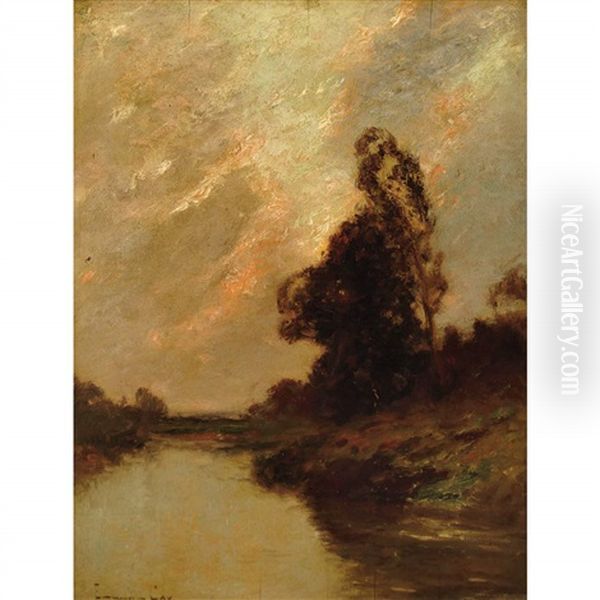 River Landscape At Sunset - view 1
