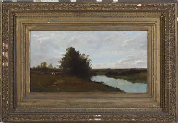 Summer Lanscape With Stream And Cows - view 1
