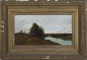Summer Lanscape With Stream And Cows