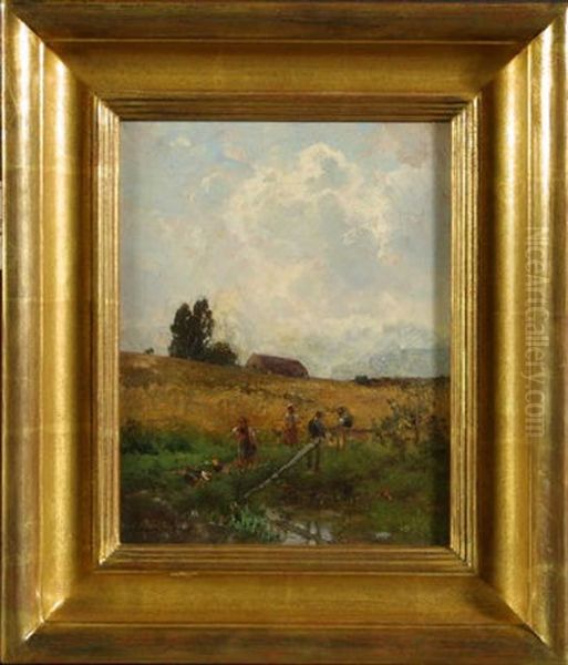 Barn, Figures And Chickens In Rural Landscape - view 1