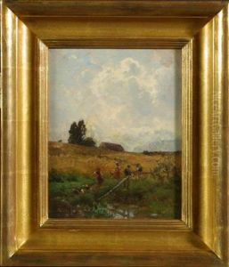 Barn, Figures And Chickens In Rural Landscape
