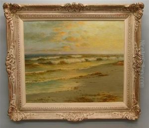 Sun Setting On Crashing Waves, Ships On Shoreline