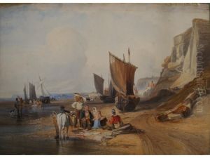Fisherfolk Sorting Their Catch On The Beach by Thomas Brabazon Aylmer