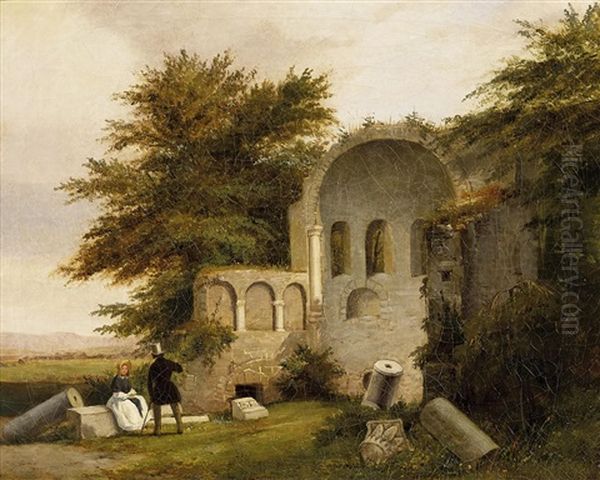 Reisende Bei Den Ruinen Einer Romanischen Kirche - view 1