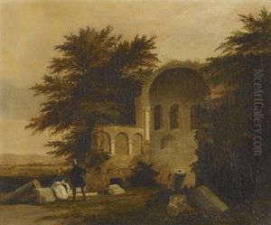 Biedermeierliches Paar Vor Romanischer Kirchenruine by Antoine Xavier Gabriel de Gazeau