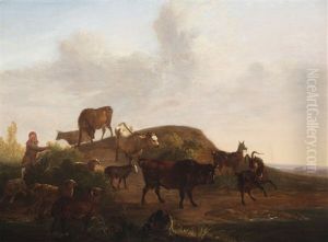 Shepherd With Cattle, Goats And Sheep On The Countryside by Christian David Gebauer