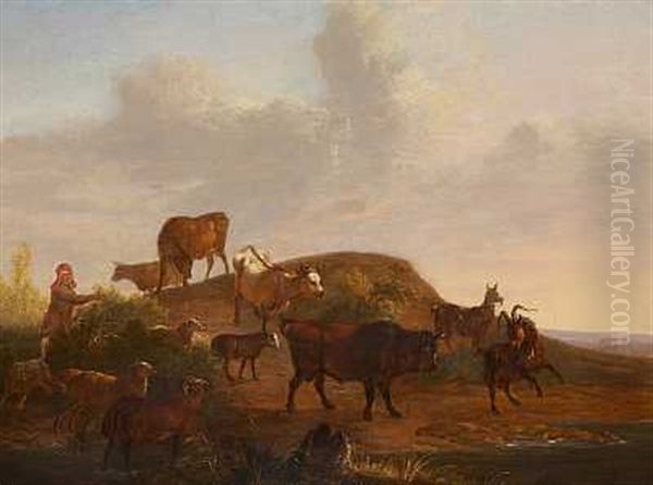Hyrde Med Kvaeg, Geder Og Far I Landskab - view 1