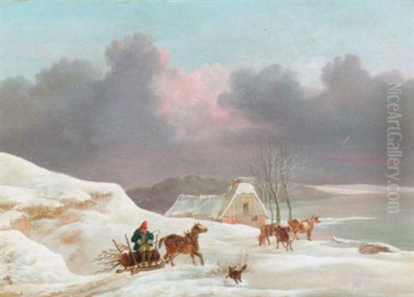 Vinterlandskab Med Slaedekorsel, Braendet Bringes Til Den Strataekte Gard - view 1