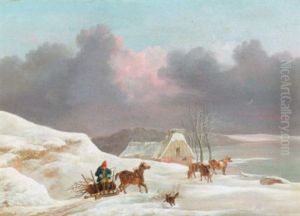 Vinterlandskab Med Slaedekorsel, Braendet Bringes Til Den Strataekte Gard by Christian David Gebauer