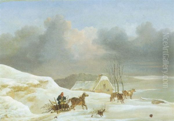 Vinterlandskab Med Kanekorende Mand - view 1