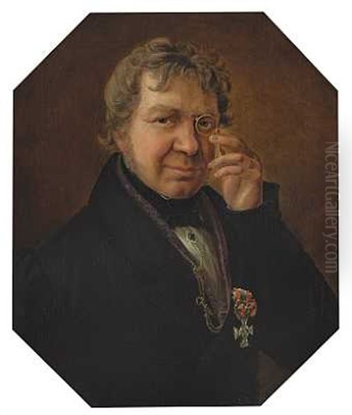 Portraet Af Kunstner I Sort Frakke Med Orden Og Lorgnet I Handen (+ Portraet Af Dennes Hustru I Gron Kjole; Pair) - view 1