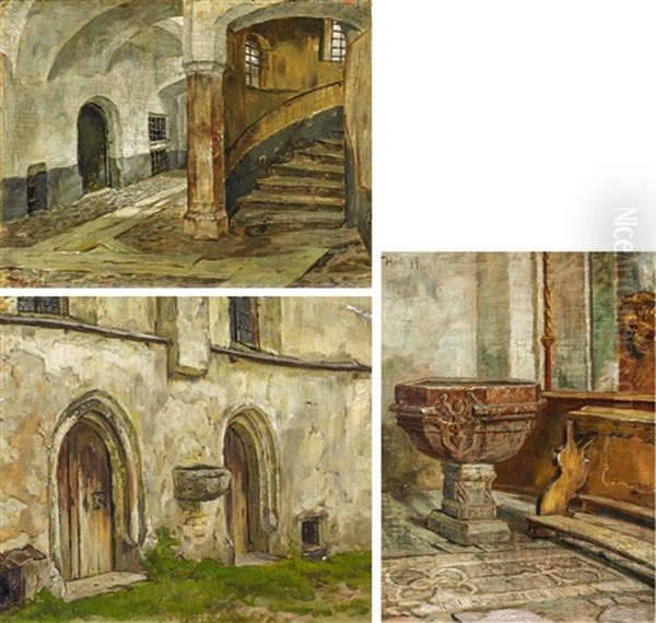 Drei Olstudien. A.) Treppenaufgang Im Schlos B.) Taufbecken C.) Kirchenportale - view 1
