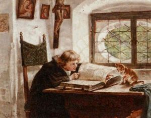 Interior With A Studying Boy And A Watchful Cat