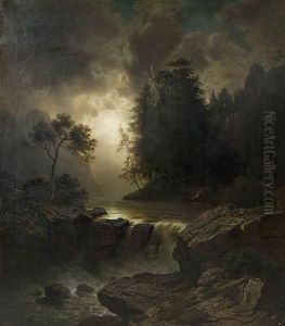 Alpine Landscape With Figures By A Campfire Near A Waterfall, Dark Clouds In The Background
