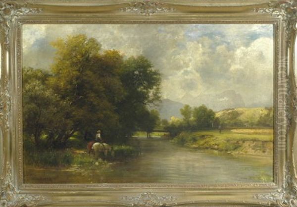 Dunstige Landschaft Mit Bauer Und Zwei Pferden Bei Der Rast Am Schattigen Flussufer - view 1