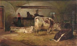 Blick In Einen Stall Mit Bauerin, Kuhen, Kalb Und Pferden