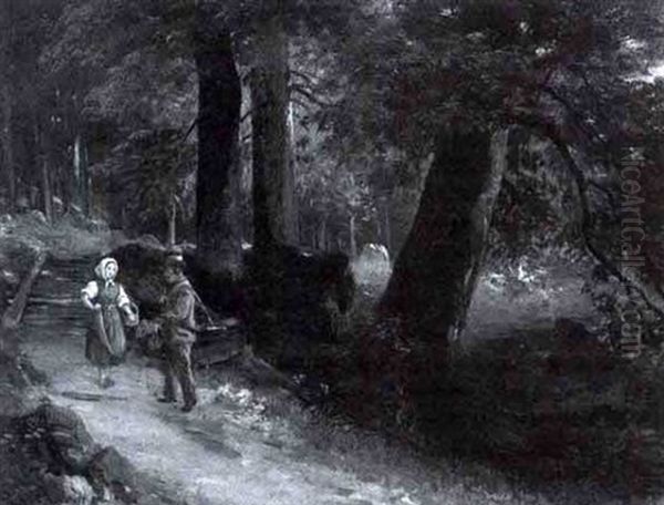 Jager Und Madchen Auf Einem Waldweg - view 1
