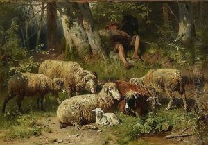 Ruhender Hirtenknabe Mit Schafen Auf Der Waldlichtung by Otto Friedrich Gebler