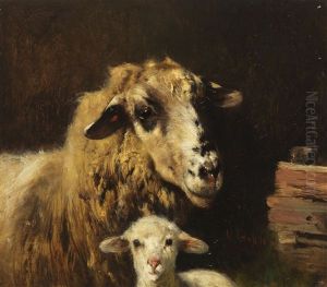 Mutterschaf Mit Lamm Im Stall by Otto Friedrich Gebler