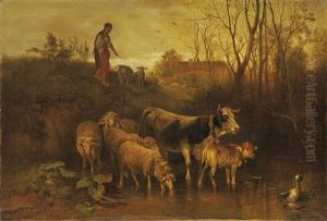 Hirtin Mit Schafen Und Kuhen An Der Furt by Otto Friedrich Gebler