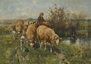 Schafherde Mit Hirt In Landschaft by Otto Friedrich Gebler