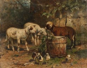 Lammer Und Huhner Vor Dem Stall by Otto Friedrich Gebler
