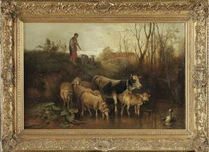 Hirtin Mit Schafen Und Kuhen An Der Furt by Otto Friedrich Gebler