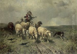Junger Hirte Mit Seinen Schafen Bei Aufziehendem Wetter
