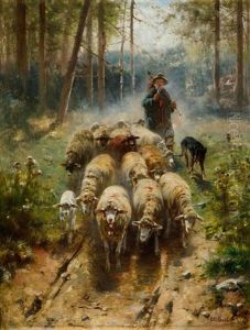 Schafhirte Mit Herde Im Wald by Otto Friedrich Gebler