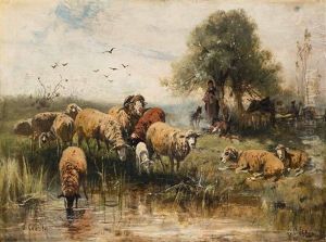 Hirten Mit Schafherde An Einem Weiher Hirten Mit Schafherde An Einem Weiher