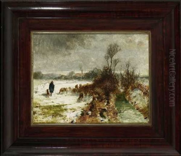 Schafhirte Mit Herde In Winterlicher Bachlandschaft - view 1