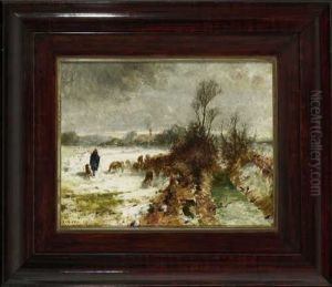 Schafhirte Mit Herde In Winterlicher Bachlandschaft by Otto Friedrich Gebler