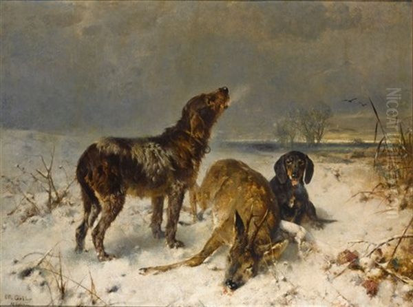 Two Hunting Dogs With Their Catch - view 1