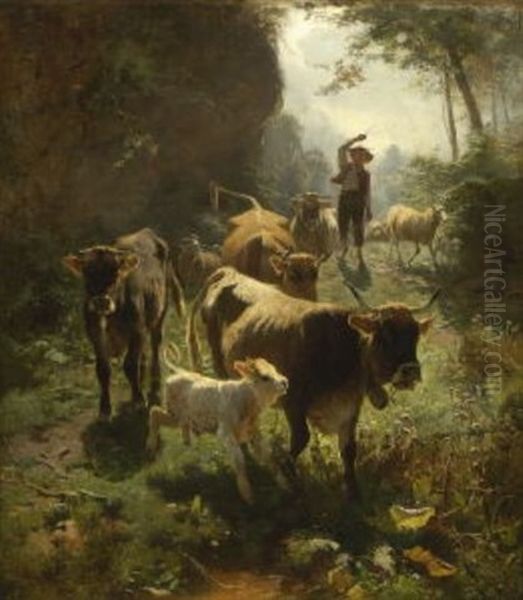 Junger Hirte Mit Rindern Und Schafen Auf Dem Waldweg - view 1