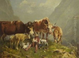 Rastender Huterjunge Mit Vieh In Gebirgslandschaft by Otto Friedrich Gebler