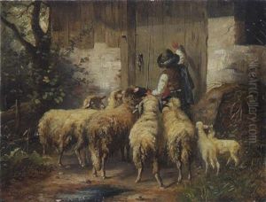 Huterbub Mit Schafen Vor Der Stalltur
