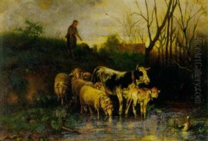 Hirtin Mit Schafen Und Kuhen Am Teich by Otto Friedrich Gebler