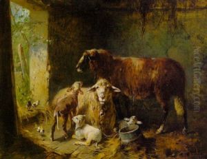 Fruhling - Schafe Mit Ihren Lammchen Und Kuken Im Stall by Otto Friedrich Gebler
